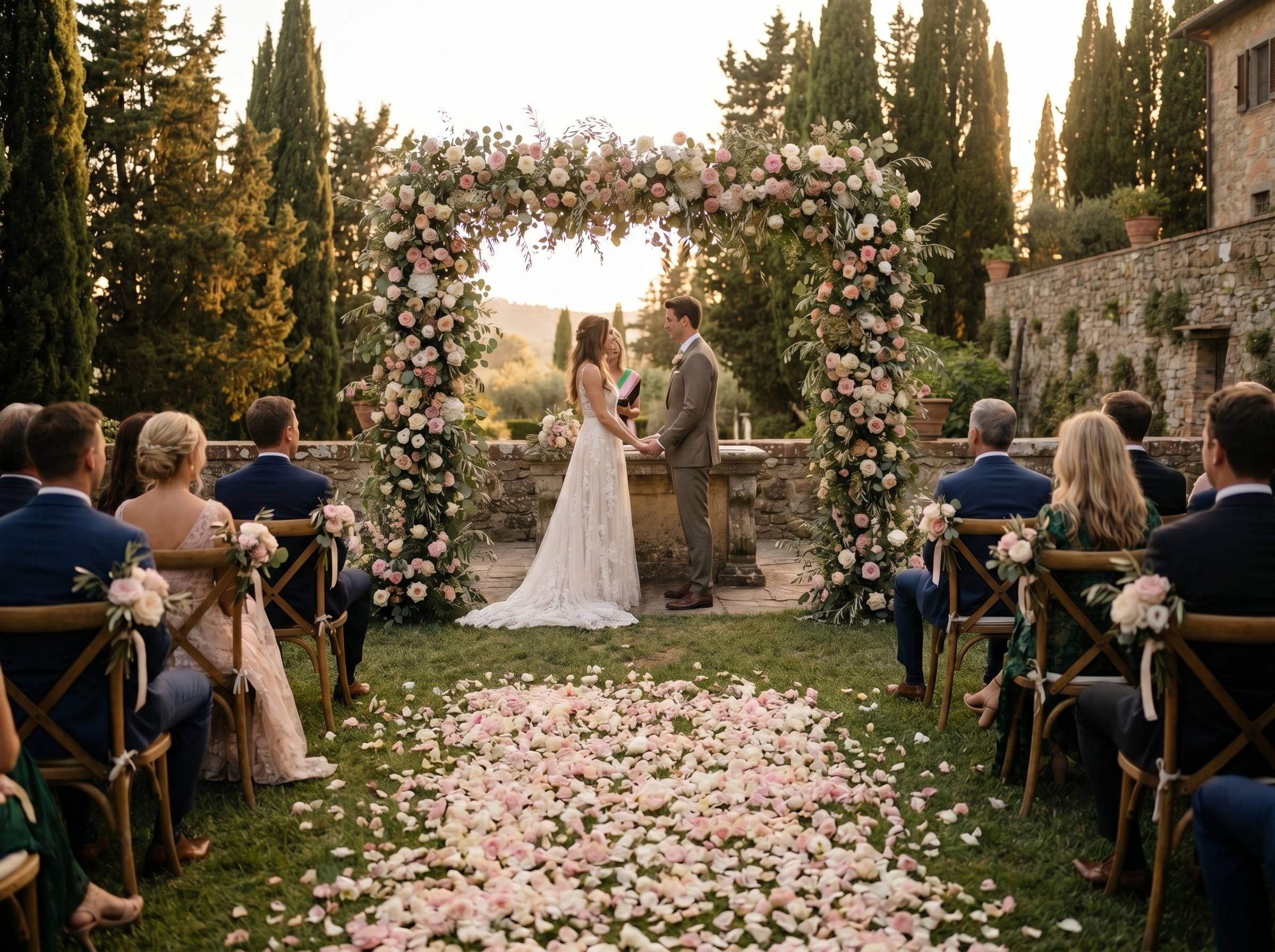 Wedding ceremony setup with floral arrangements