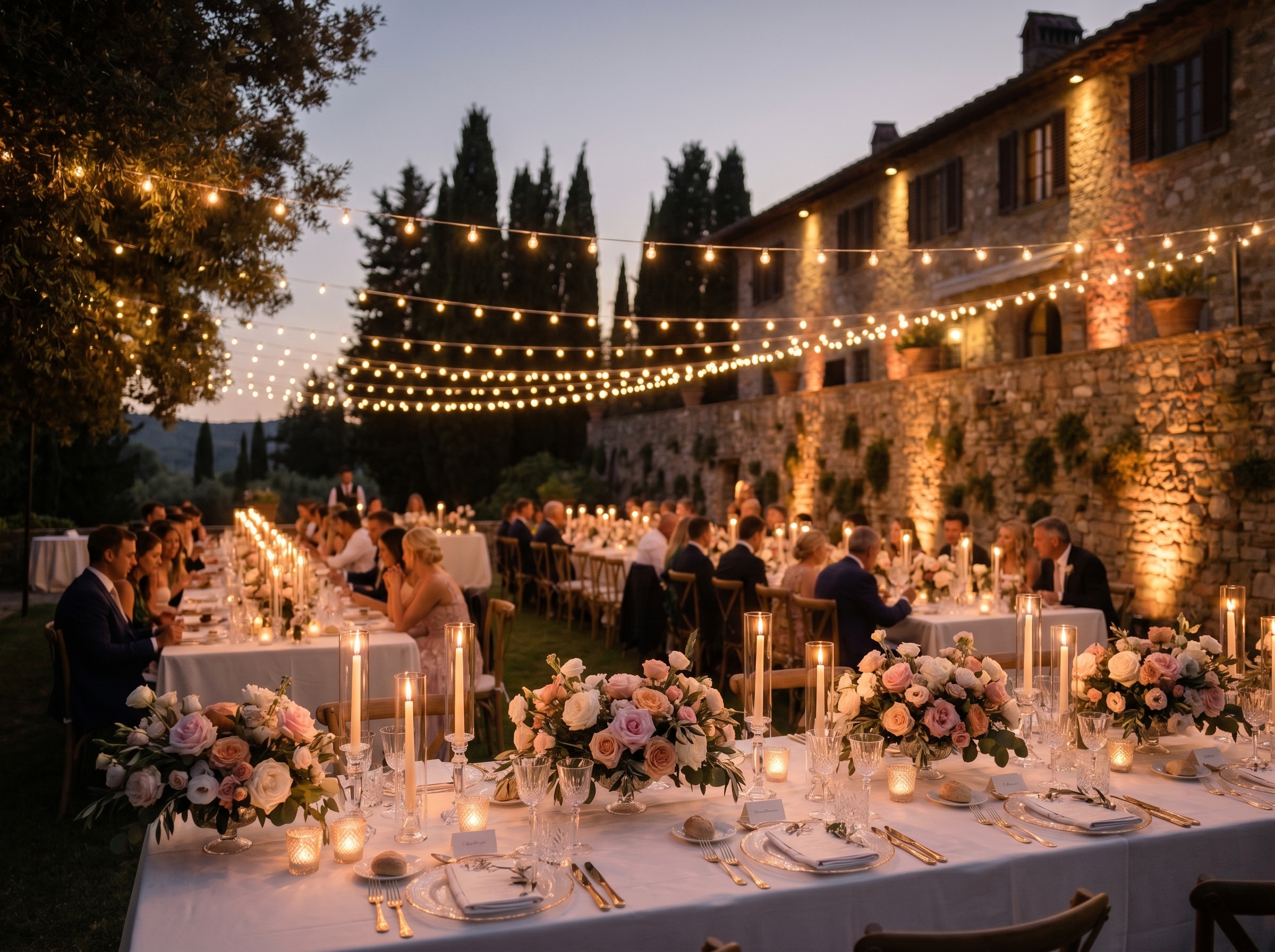 Reception dinner table with romantic lighting